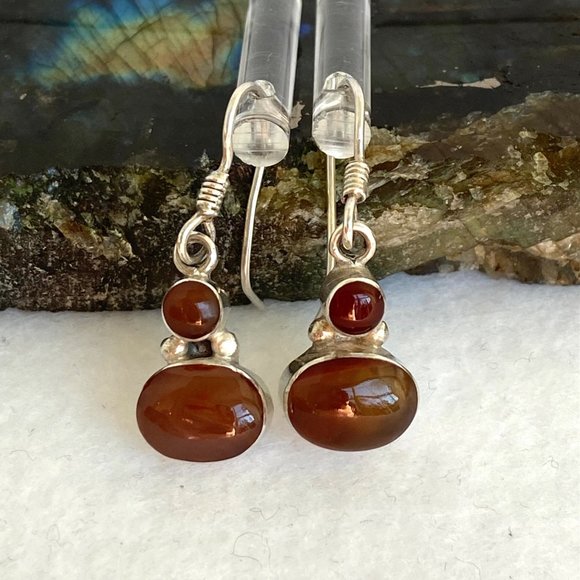 Sterling Silver 950 1.26" Oval Bezel Set Carnelian Gemstone Dangle Earrings 3.5g - Picture 12 of 16